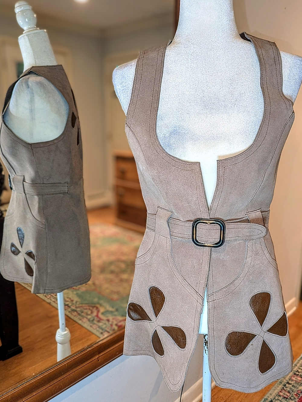 1970 Vintage Taupe Suede Belted Sleeveless Vest with Floral Leather Cutouts